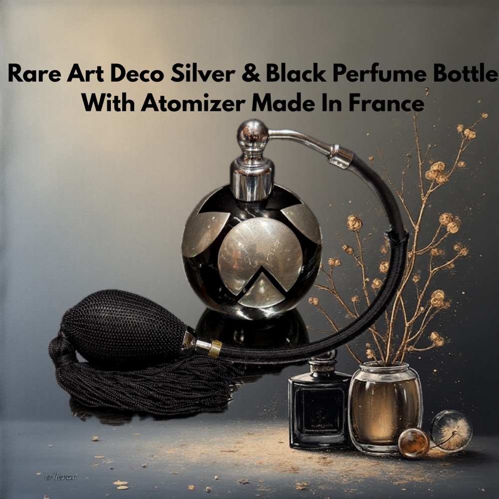 Rare Art Deco Silver & Black Perfume Bottle With Atomizer Made In France
